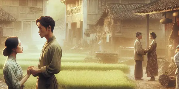 A peasant woman and a young intellectual share a moment of longing in a rural Chinese village at sunset.