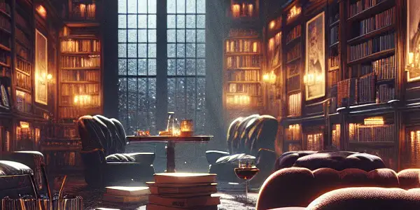 A cozy library scene with an open book, plush cushions, and framed film stills, under a starry night sky.