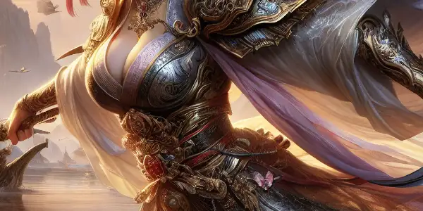 A heroic female warrior in traditional Chinese armor poses dynamically with a sword against a mystical ancient landscape.