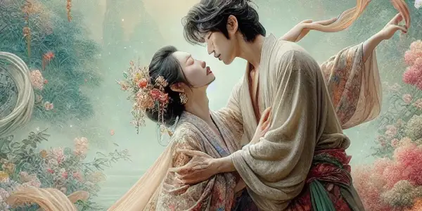 A couple in a tender embrace surrounded by vibrant flora, embodying a blend of sensuality and artistic beauty.