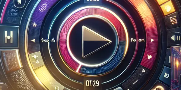 A modern media player interface in a cozy room, featuring vibrant colors, search bars, and film thumbnails.