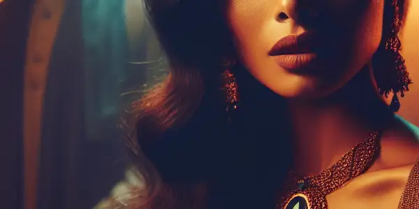 A dimly lit room with a seductive woman and a mysterious man, evoking themes of intimacy and desire.