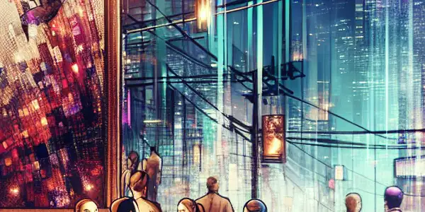 A vibrant, neon-lit urban lounge scene reflecting the allure of the adult entertainment industry with diverse characters and artistic elements.