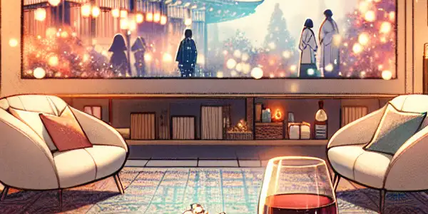 A cozy movie night setting with soft lighting, plush furniture, popcorn, wine, and romantic film imagery.