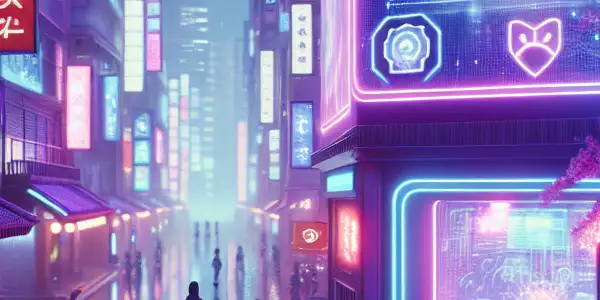 A vibrant virtual landscape featuring diverse characters in playful interactions, blending futuristic city elements with erotic themes.