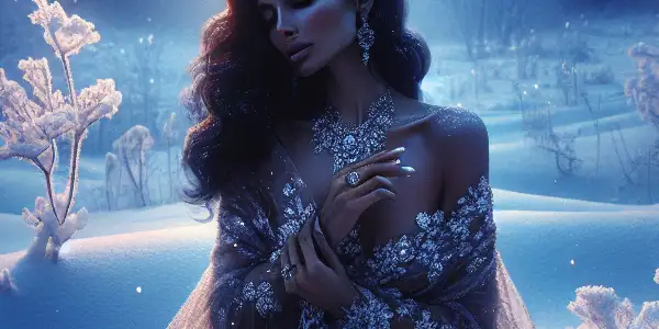 A serene winter landscape with a sensual figure partially clothed in snowflakes under a twilight sky.