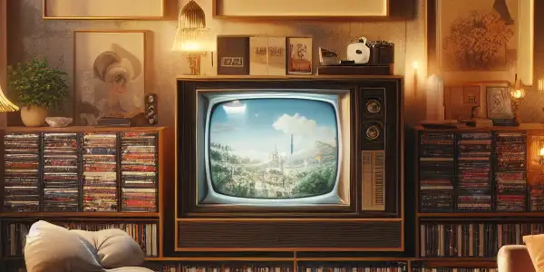 A cozy room featuring a vintage TV playing Korean erotic films, adorned with soft furnishings and subtle Korean decor.