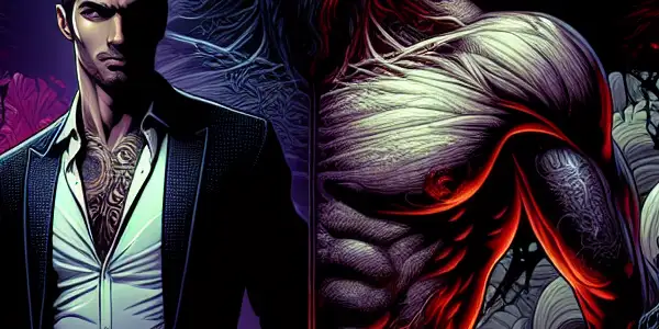 A striking demon with ornate horns and glowing eyes, entwined with a fascinated human in a dark, seductive atmosphere.