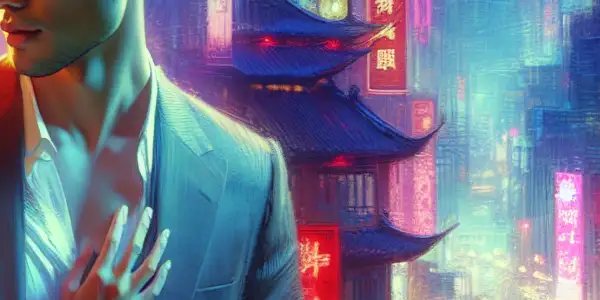 A couple shares an intimate moment in a vibrant, neon-lit urban setting, reflecting modern Chinese erotic cinema themes.