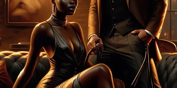 A luxurious, dimly-lit room with a couple sharing an intimate moment, surrounded by elegant furnishings and subtle BDSM elements.