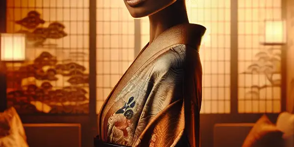 A captivating mixed-race woman in a flowing kimono poses elegantly in a dimly-lit traditional Japanese room.
