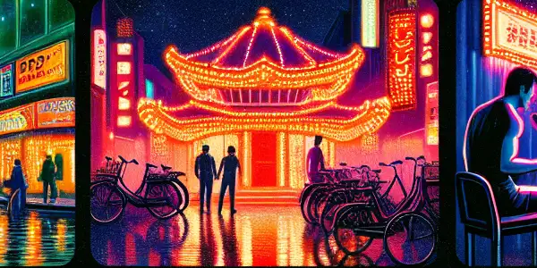 A vibrant collage showcasing iconic elements from 13 global erotic destinations, highlighting nightlife and cultural diversity.