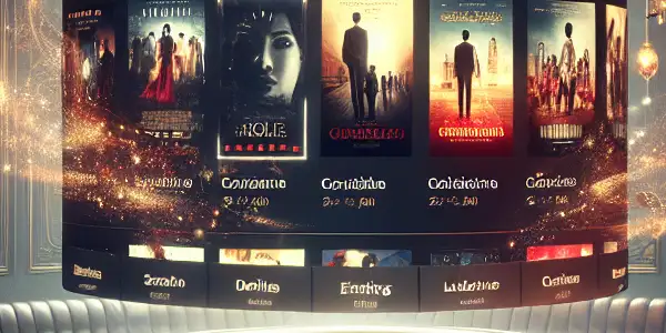 A modern digital interface displaying a diverse collection of adult film thumbnails in a luxurious viewing environment.