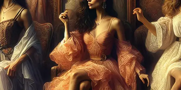 Three elegant sisters in a lavish room, hinting at complex, intimate relationships amidst an atmosphere of secrecy and desire.