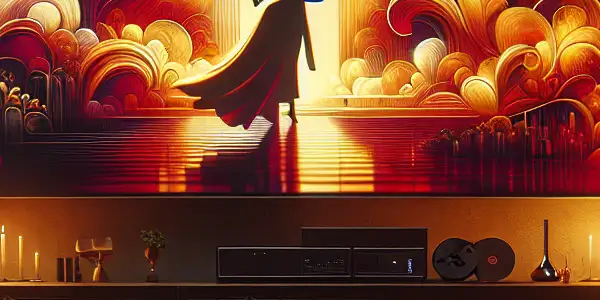 A cozy home setting with a high-definition screen displaying an artistic adult film scene, evoking romance and allure.