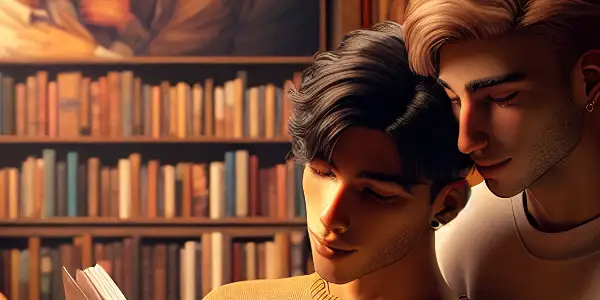 Two young men share a romantic moment in a cozy library filled with colorful books and warm lighting.