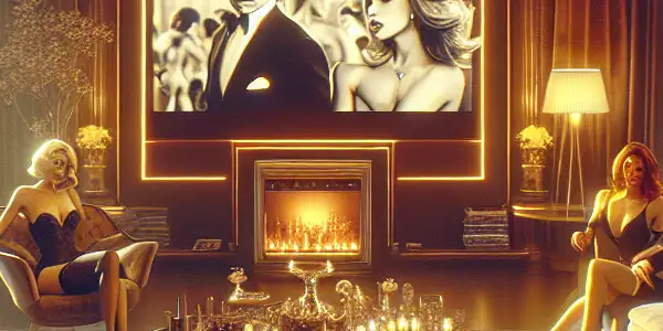 A luxurious, dimly-lit room with elegantly dressed characters engaging in intimate interactions, showcasing themes of romance and seduction.