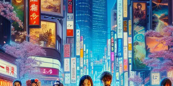 A vibrant Tokyo street at night, bustling with characters and neon billboards showcasing the adult film industry.