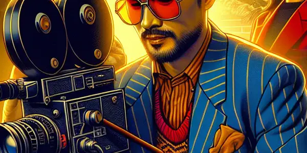 A vibrant 1980s Japanese film set featuring a stylish director and charismatic actors in colorful outfits.