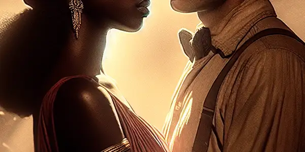 A passionate couple in an intimate moment, evoking the allure of 1980s Western erotic cinema.