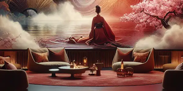 A luxurious, dimly lit room with a high-definition screen displaying abstract visuals, evoking Japanese adult cinema.