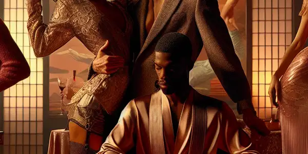 A cinematic scene depicting diverse characters in an intimate, Japanese-inspired setting with warm lighting and rich colors.