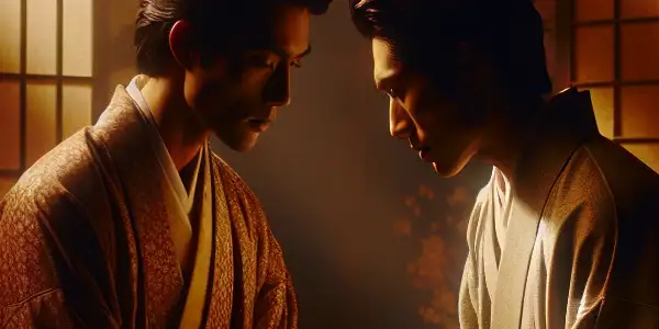 A dimly lit room with elegantly dressed figures engaged in a passionate, intimate interaction, highlighting allure and emotional complexity.