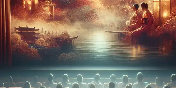 An intimate vintage movie theater scene with diverse viewers enjoying abstract erotic visuals on a large screen.