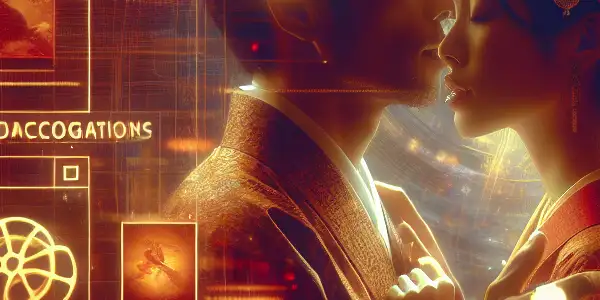 A modern digital interface showcasing Japanese adult films, featuring a romantic couple in a warm, intimate setting.