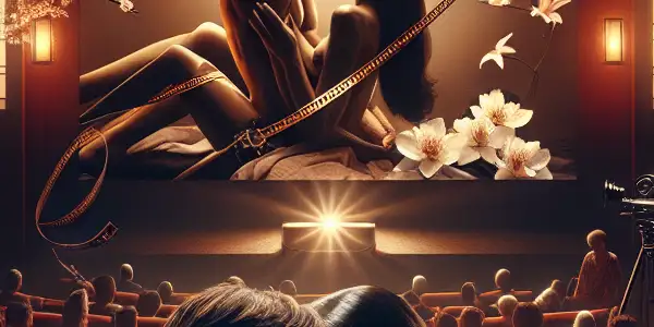 A dimly lit cinema hall featuring an audience captivated by classic erotic film imagery, with a couple in a tender moment.