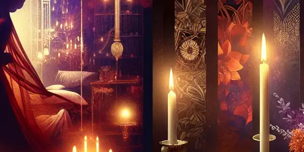 Silhouette of an intimate couple in a luxurious, dimly lit bedroom with romantic elements.