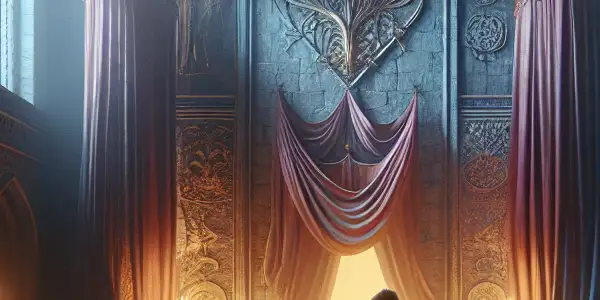 A passionate couple in a grand medieval chamber, surrounded by opulent decor and hints of fantasy.