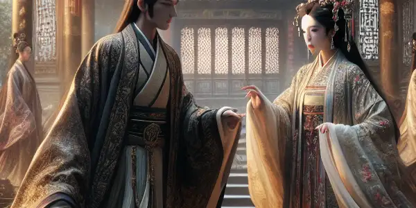 A lavish Ming Dynasty courtyard featuring a dramatic interaction between elegantly dressed male and female figures.