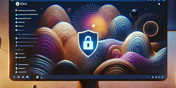 A cozy computer setup with ambient lighting, showcasing abstract sensual art and symbols of online safety and privacy.