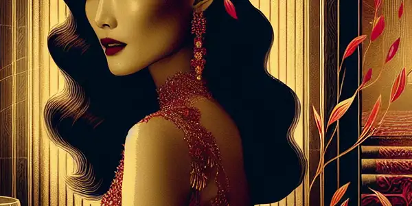 A glamorous woman in an elegant gown, set in a dimly lit, mysterious atmosphere filled with luxury and intrigue.