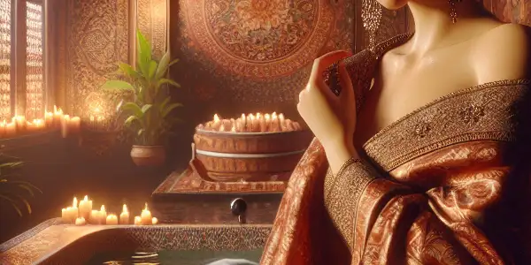 A luxurious bathhouse scene featuring a regal woman in silken garments, surrounded by exotic plants and candlelight.