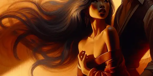 A couple embraces in a dimly lit room, surrounded by warm lighting and intimate decor, evoking passion and allure.