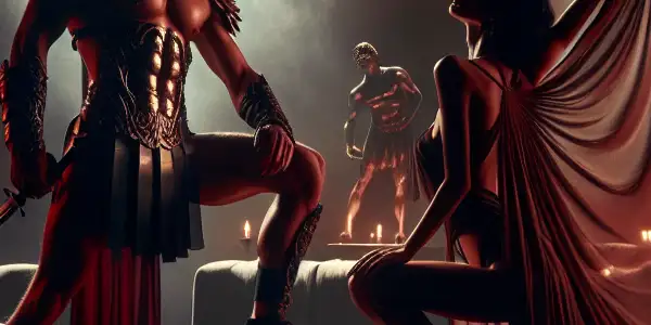 A tense encounter between two characters in a dimly lit, Roman-inspired lounge, blending passion and conflict.