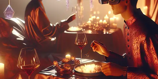 An intimate, dimly lit room featuring luxurious decor and elegantly dressed characters, evoking sensuality and allure.