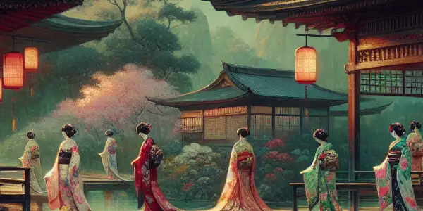 A serene Japanese landscape featuring graceful figures in kimonos amidst cherry blossoms and flowing water, blending sensuality and elegance.